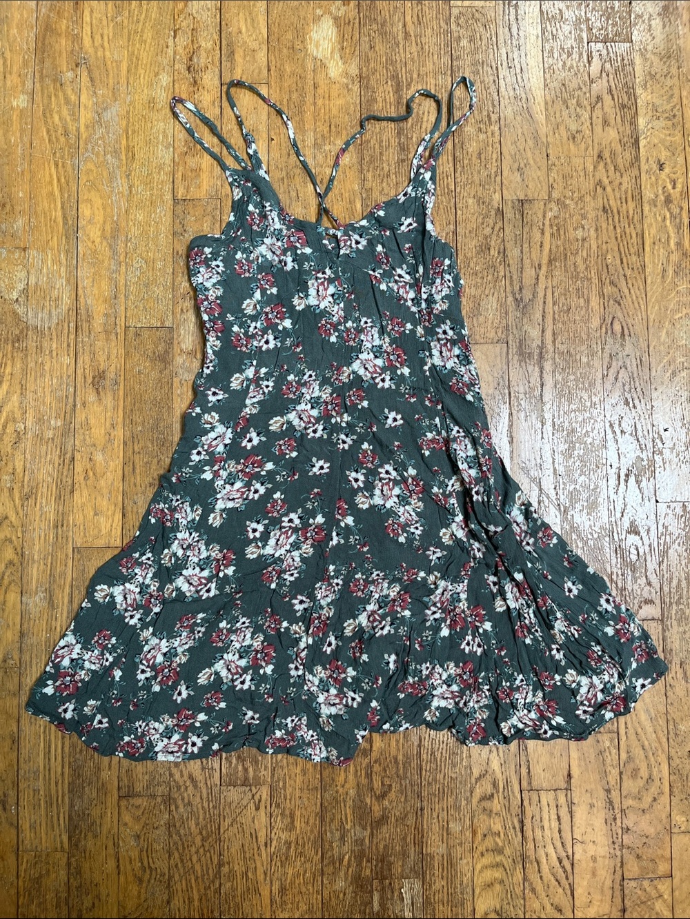 American Eagle Floral Green Spaghetti Strap Skater Sundress